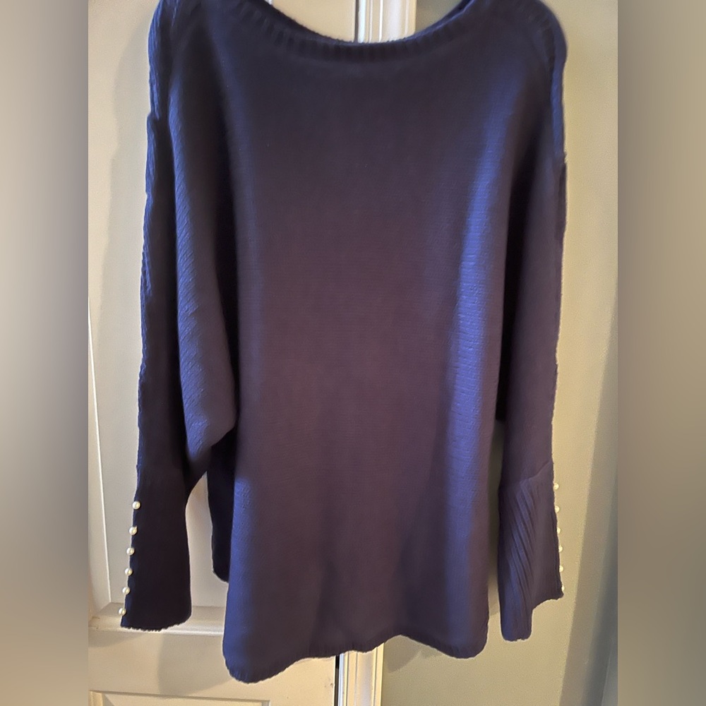 Hannah Navy Blue Women's Sweater with Pearl Cuff Detail